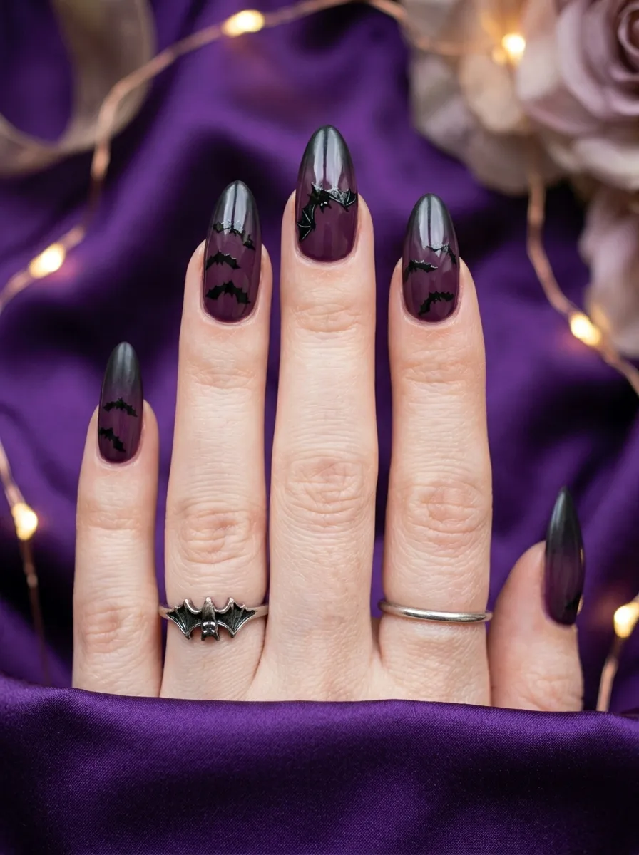 Gradient Purple and Black Bat Nails