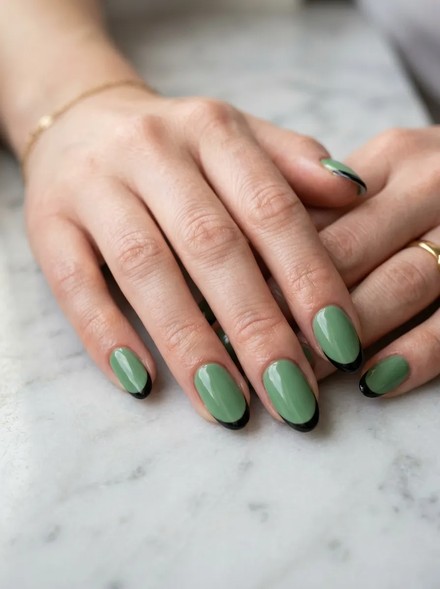 Green French Manicure with Black Tips
