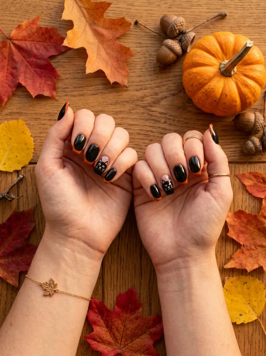 Halloween-Style Black Cat with Orange Tips