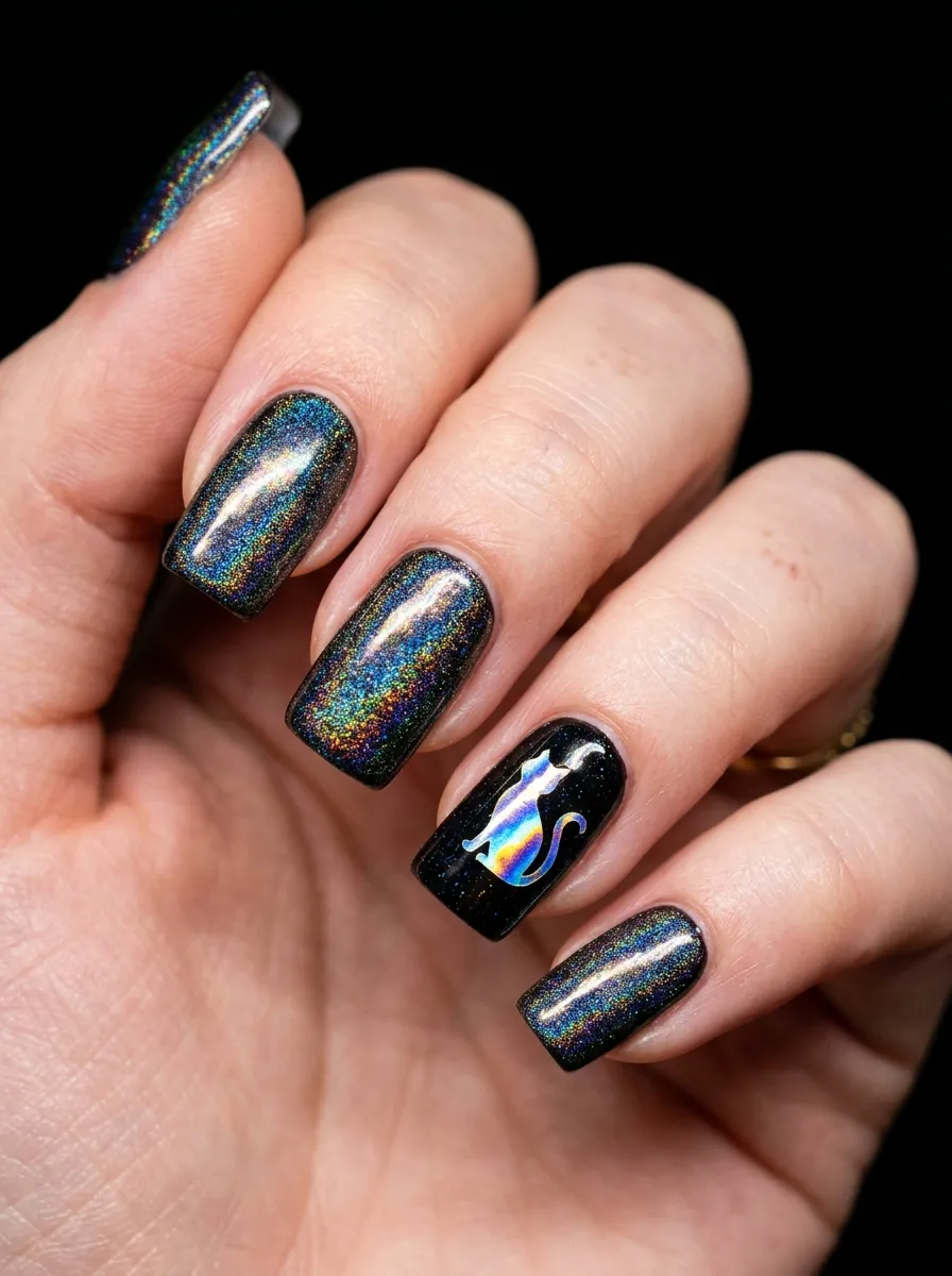Holographic Black Cat Nails