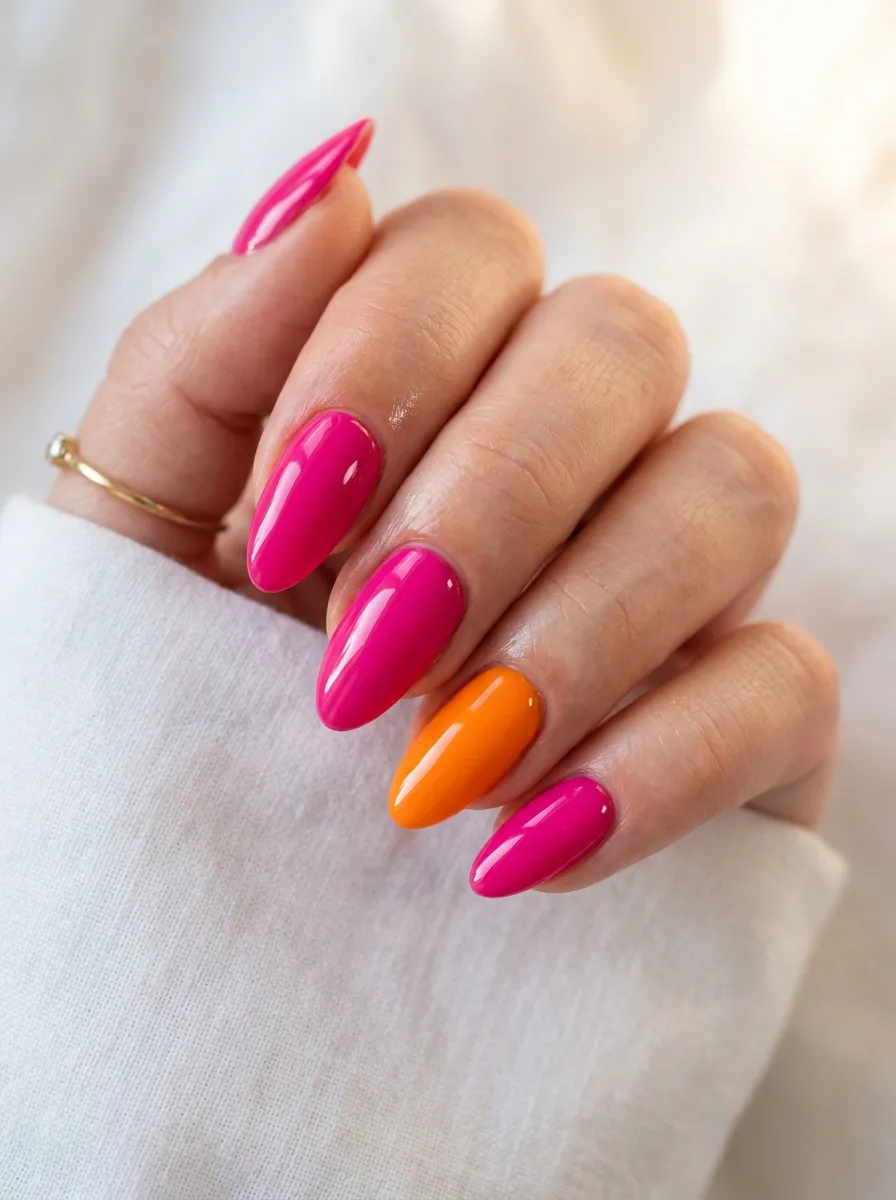 Hot Pink Nails with One Orange Accent Nail