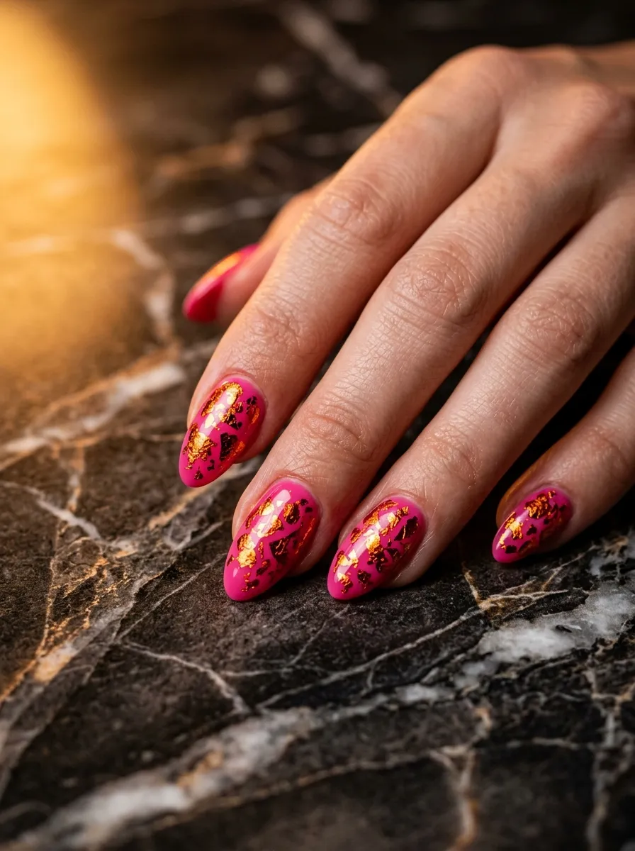 Hot Pink Nails with Orange Foil Accents