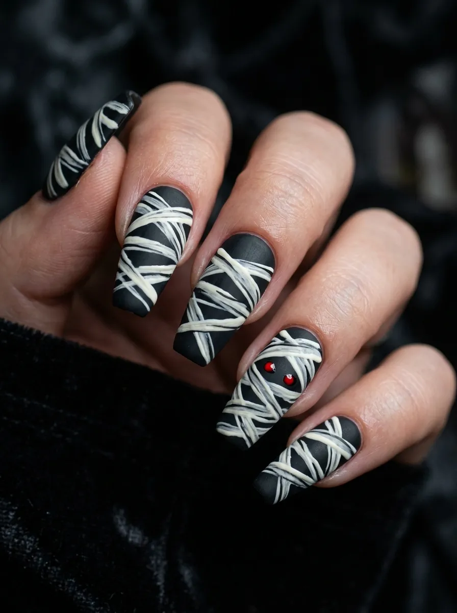 Mummy Nails on Black Base with White Bandages