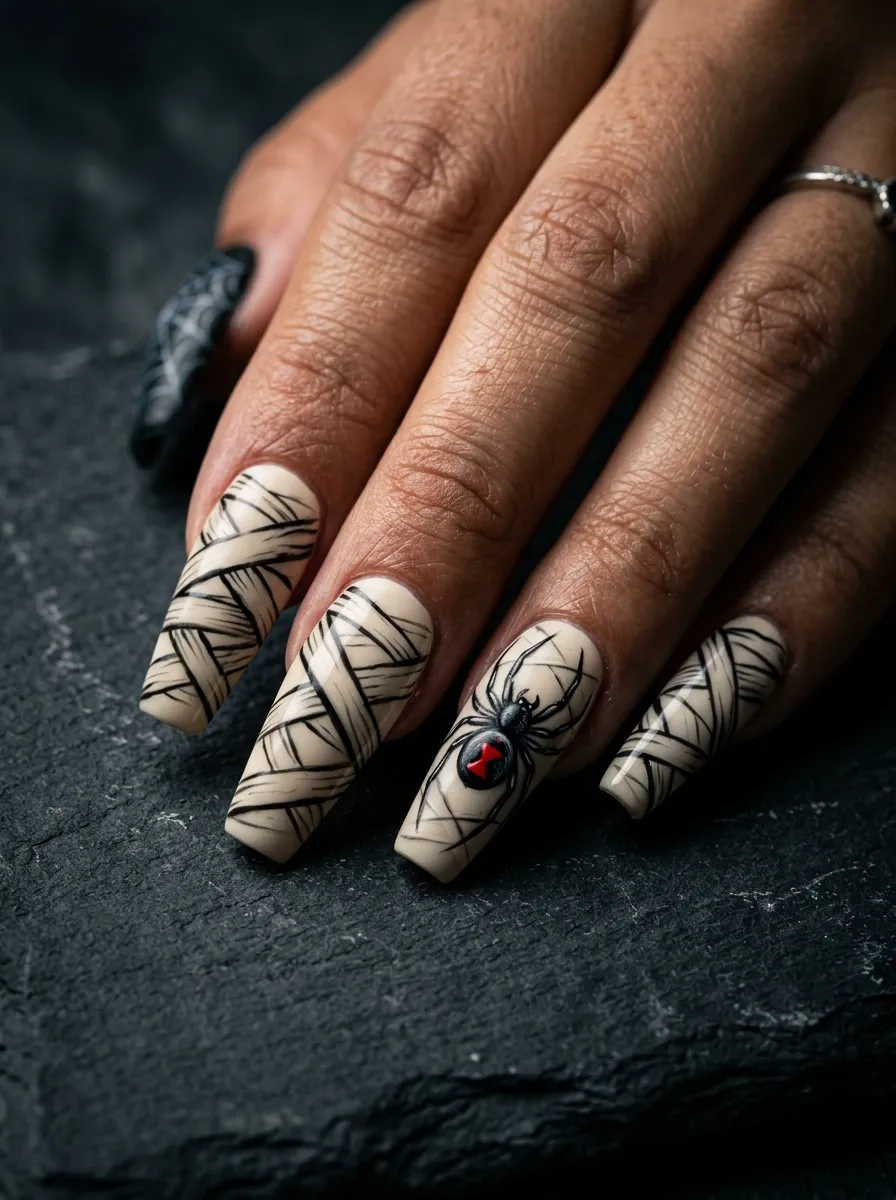 Mummy Nails with Black Widow Spider Accent