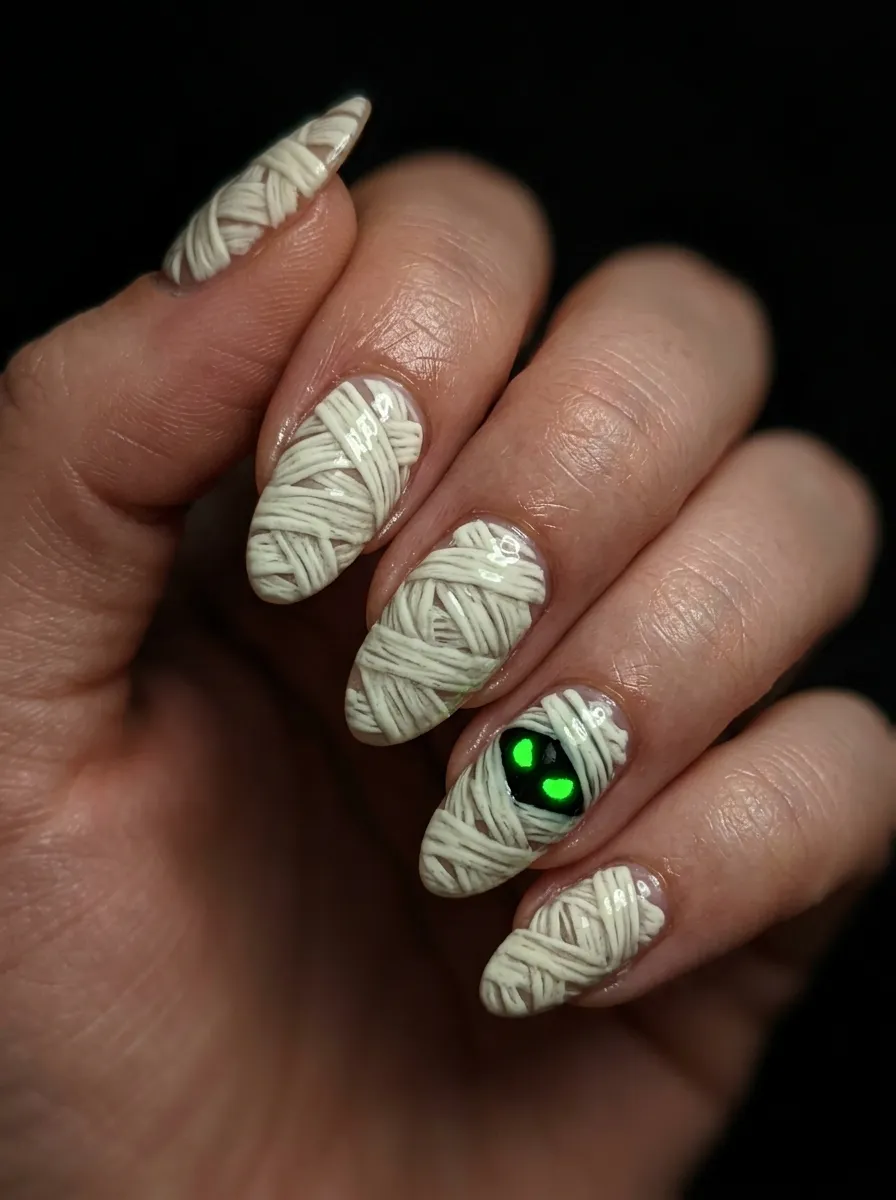 Mummy Nails with Glowing Green Eyes