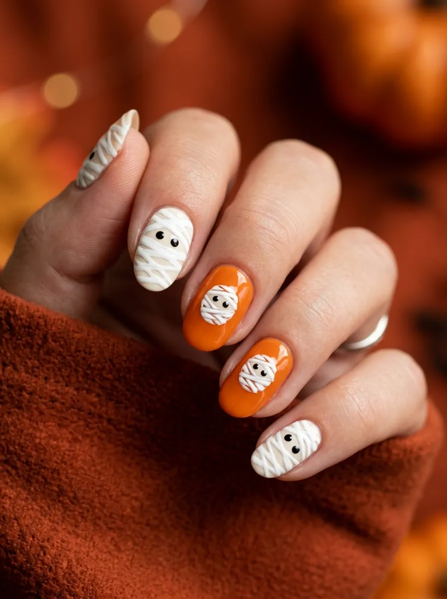 Mummy Nails with Orange Halloween Accents