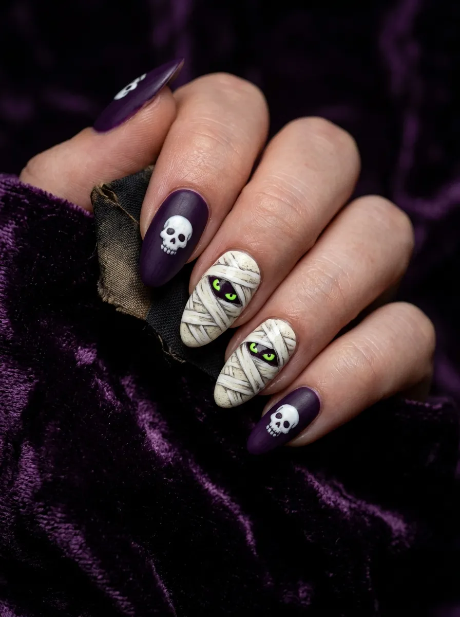 Mummy Nails with Purple Gothic Accents