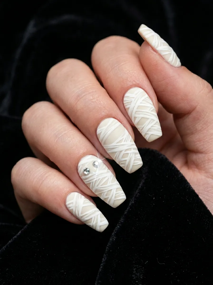 Mummy Nails with Rhinestone Eyes