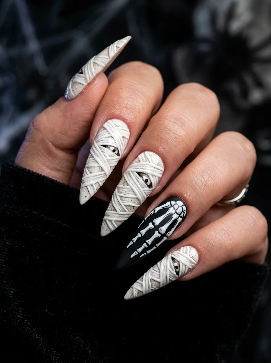 Mummy Nails with Skeleton Hand Design