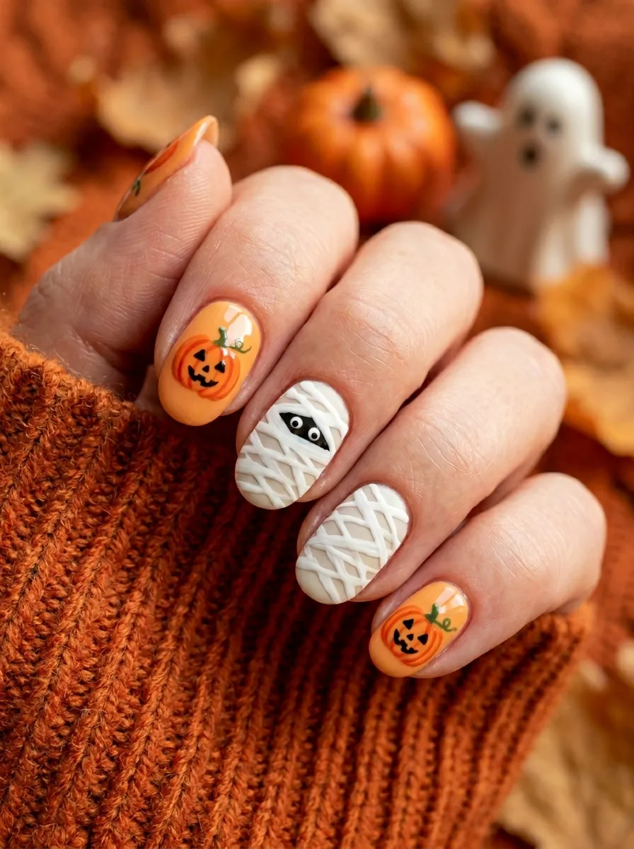 Mummy Nails with Tiny Pumpkin Accents