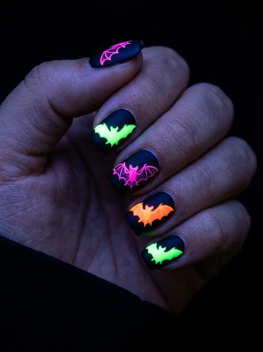 Neon Bat Nails on Black