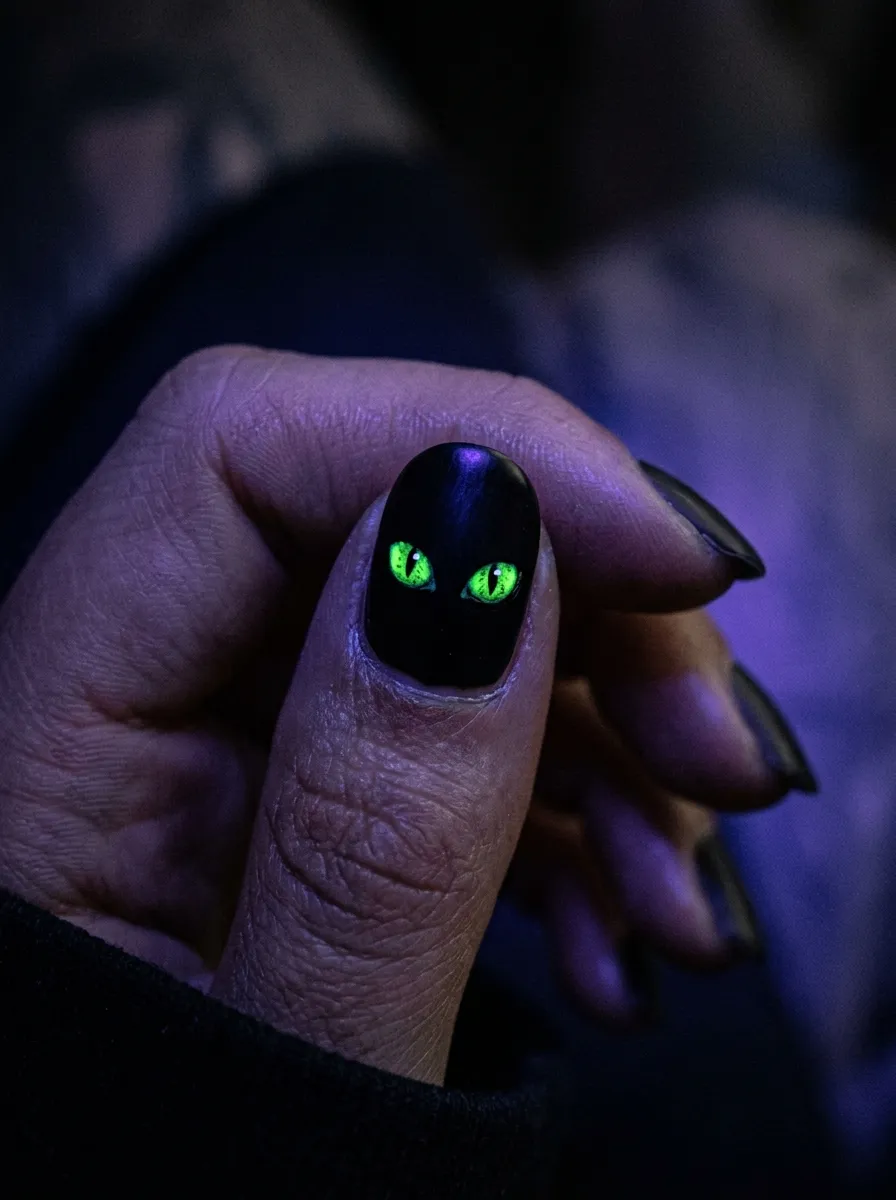 Neon Green Eyes on Black Cat Nails