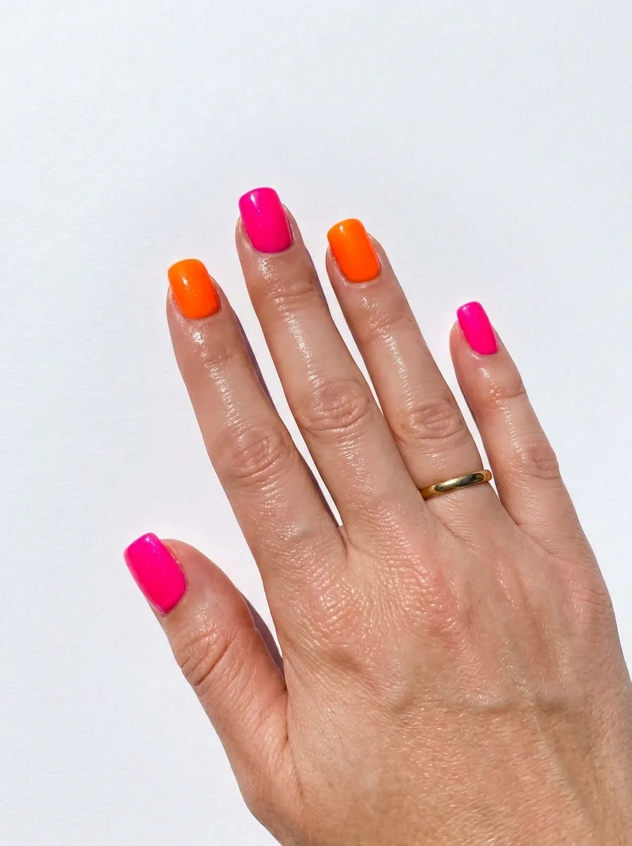 Neon Pink and Orange Mixed Nails