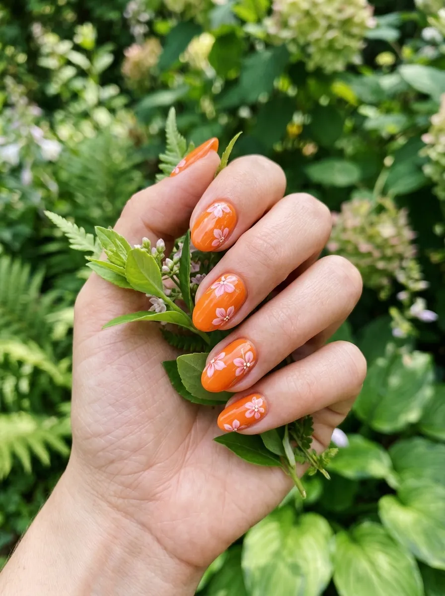 Orange Nails with Pink Floral Designs