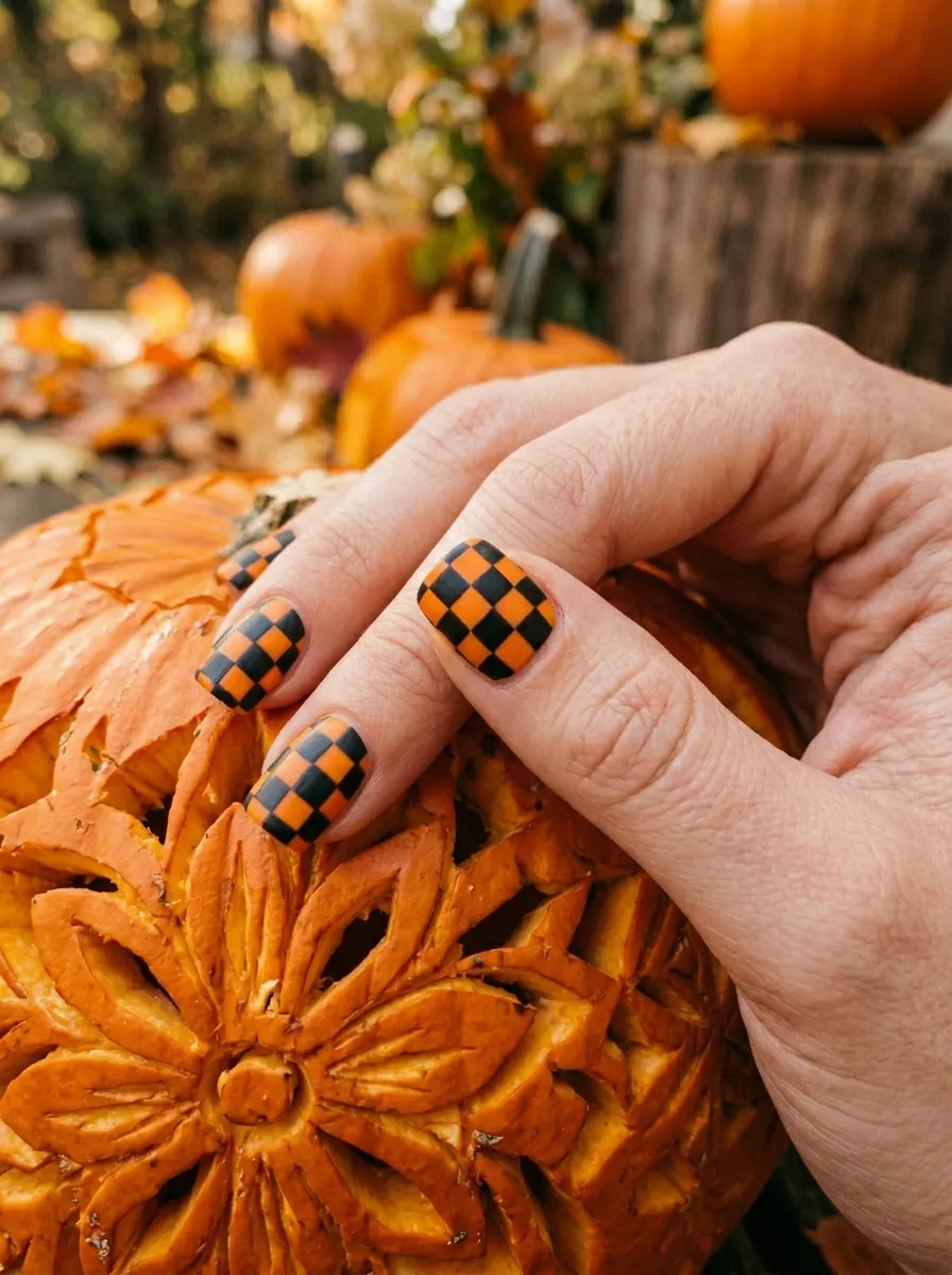 Orange and Black Halloween Checkerboard Nails