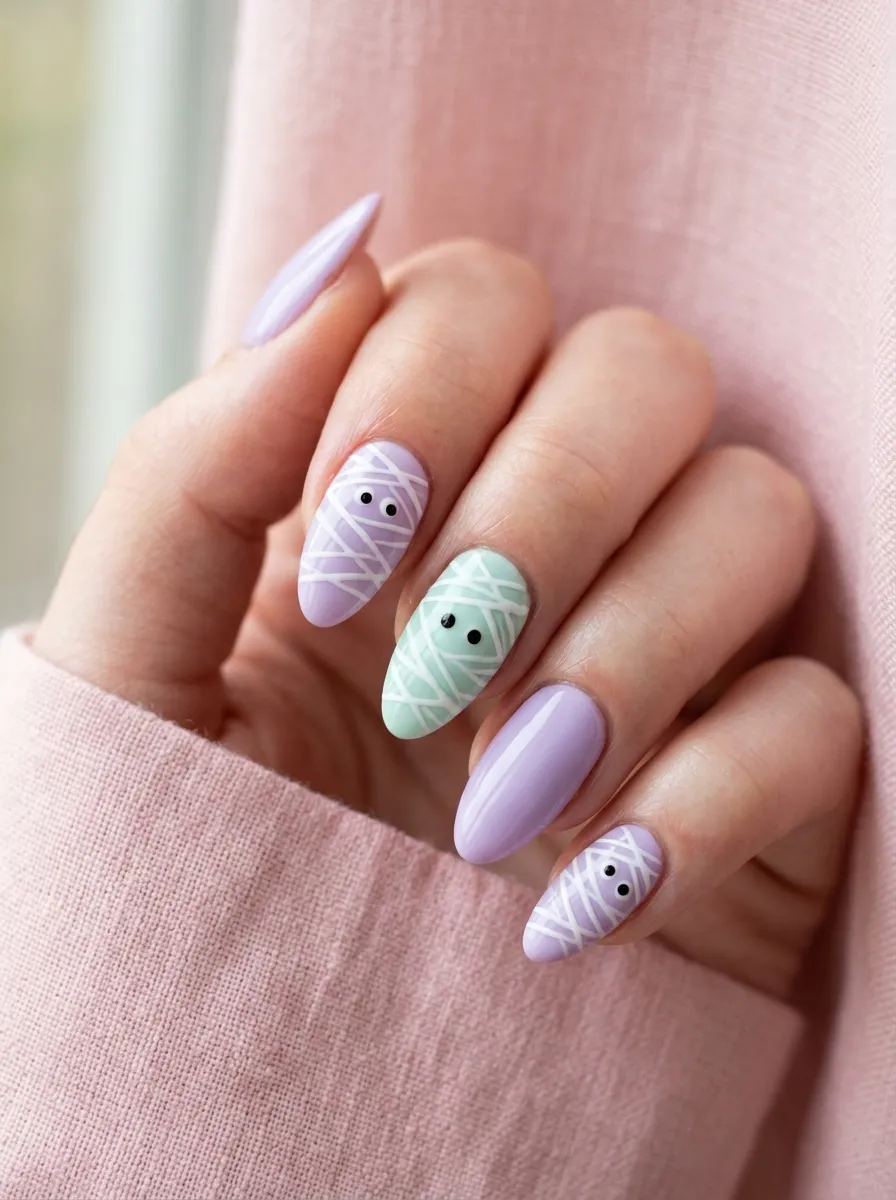 Pastel Mummy Nails for a Softer Halloween Look