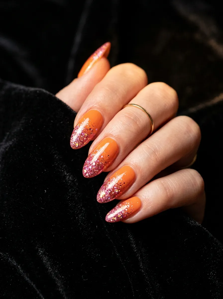 Pink Glitter Nails with Orange Base