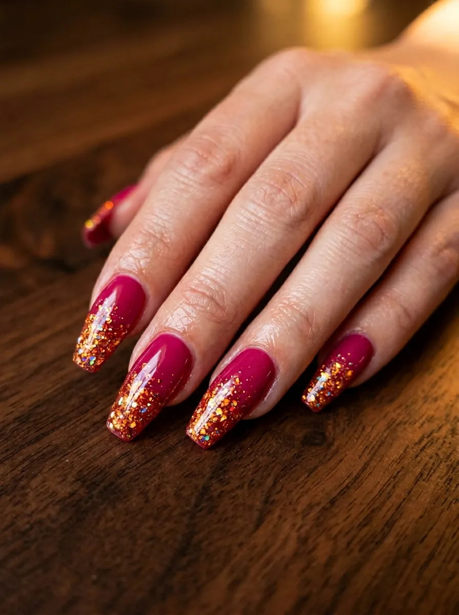 Pink Gloss with Orange Glitter Tips