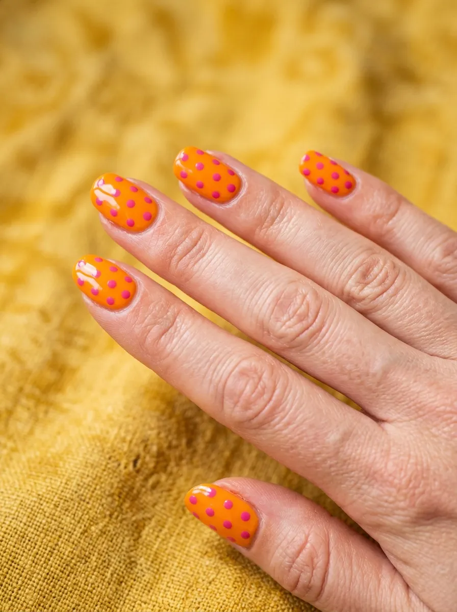 Pink Polka Dots on Orange Nails