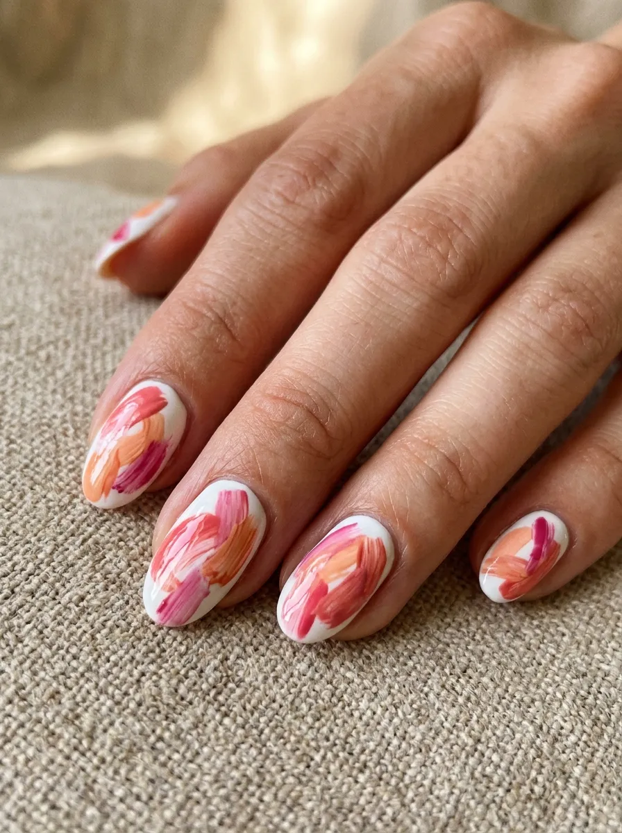 Pink and Orange Abstract Brush Stroke Nails