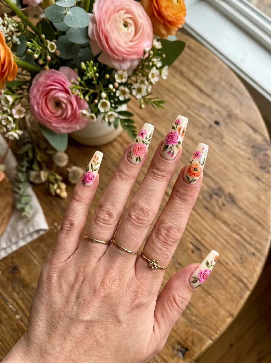 Pink and Orange Floral Press-On Nails