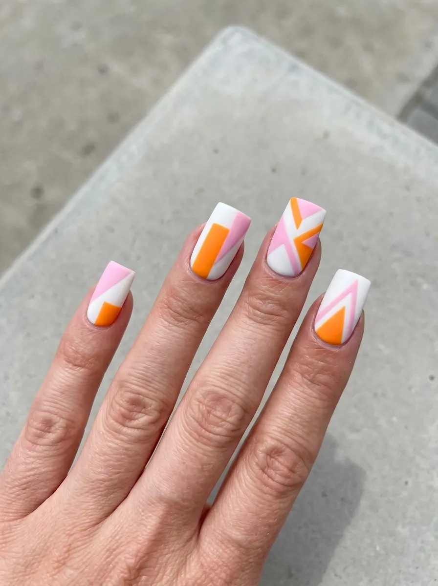 Pink and Orange Geometric Nail Art