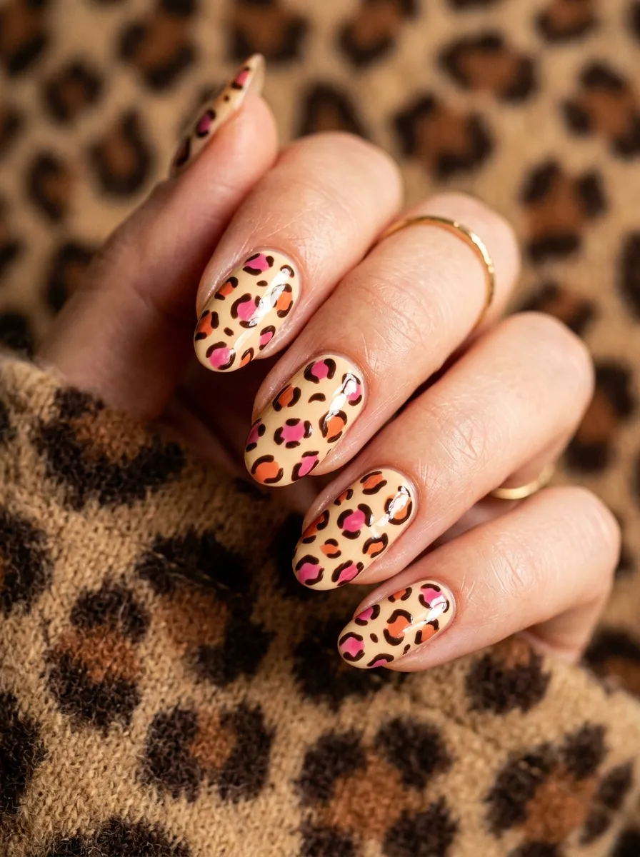 Pink and Orange Leopard Print Nails