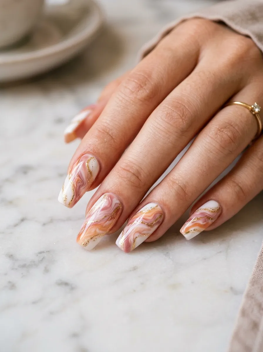 Pink and Orange Marble Effect Nails