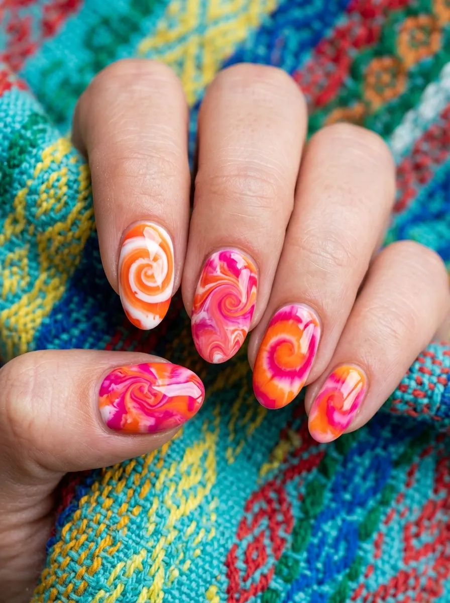 Pink and Orange Tie-Dye Nails