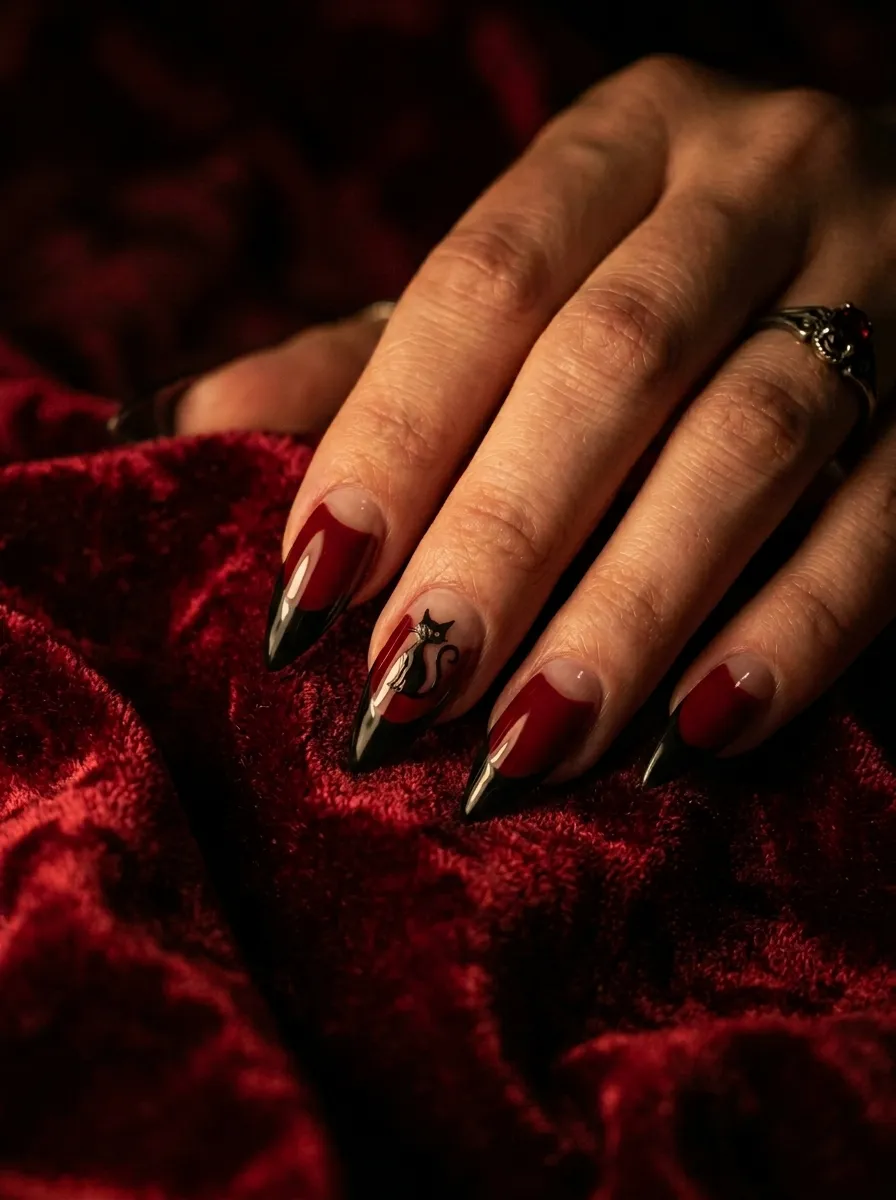 Red and Black Cat Femme Fatale Nails
