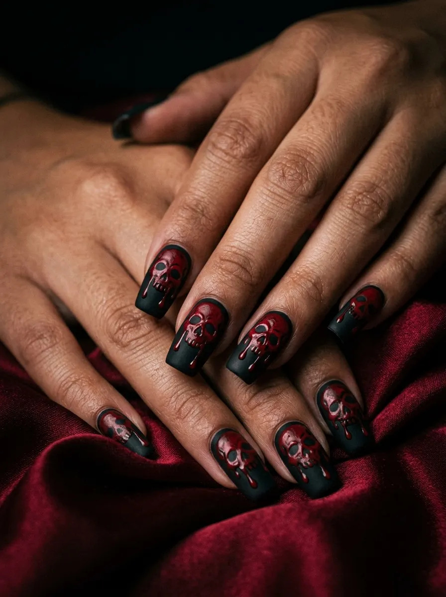 Red and Black Skull Nails