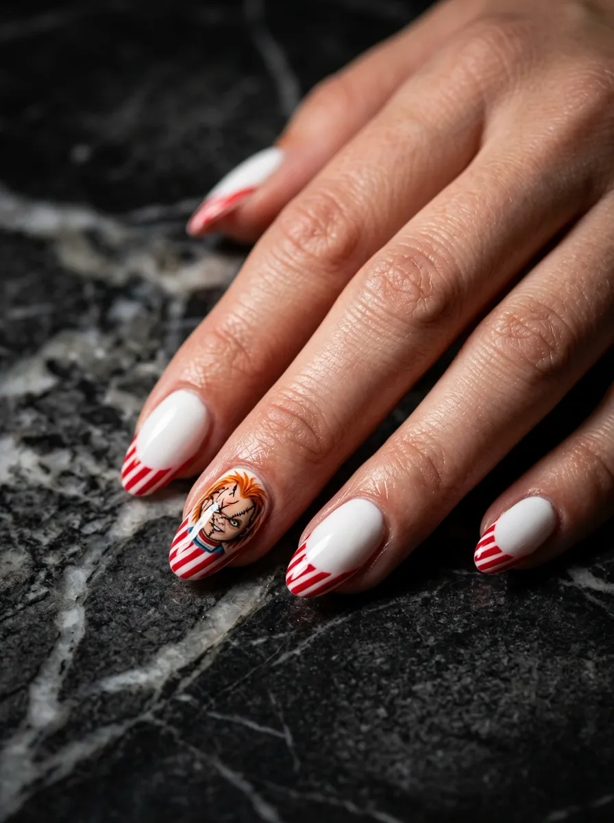 Red and White Striped French Tips with Chucky Twist