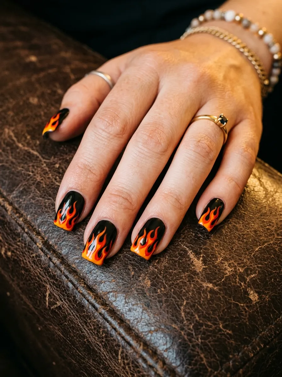 Retro Flame Nails in Orange and Red