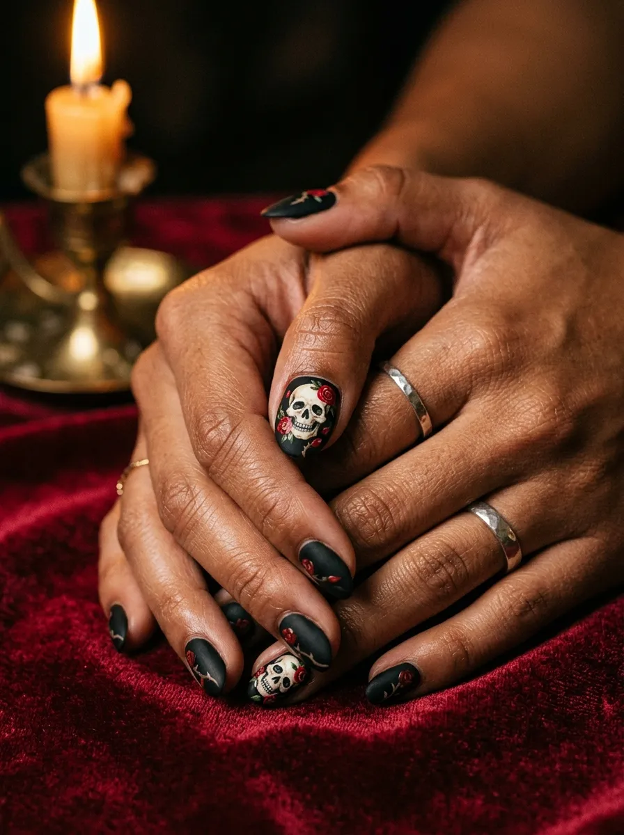 Skull and Rose Nails