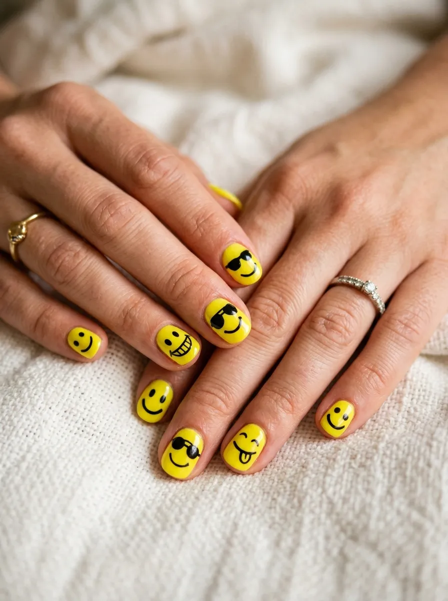 Smiley Face Nail Art on Bright Yellow