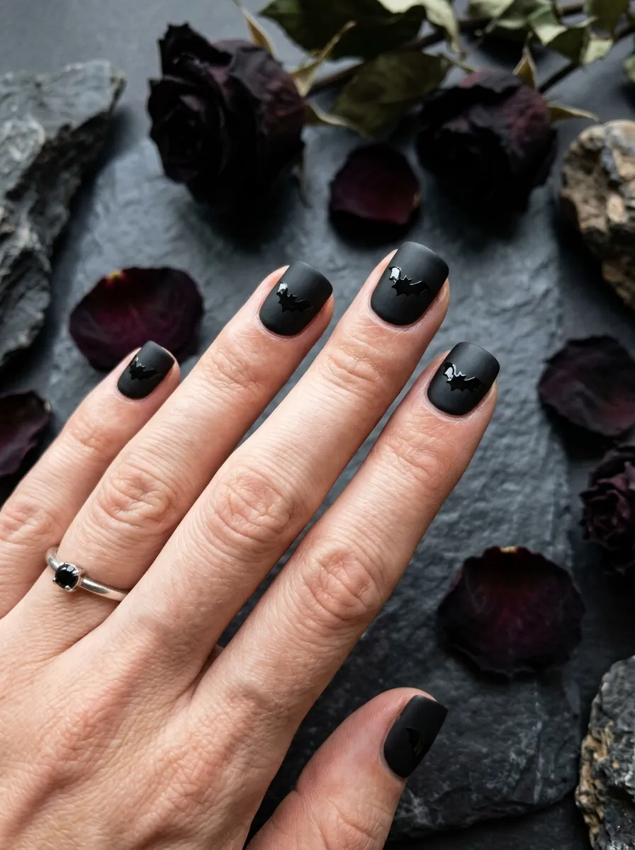 Solid Black Bat Silhouette Nails
