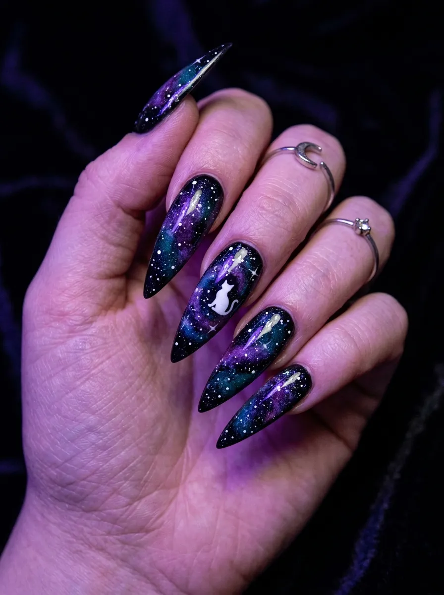 Spooky Black Cat Galaxy Nails