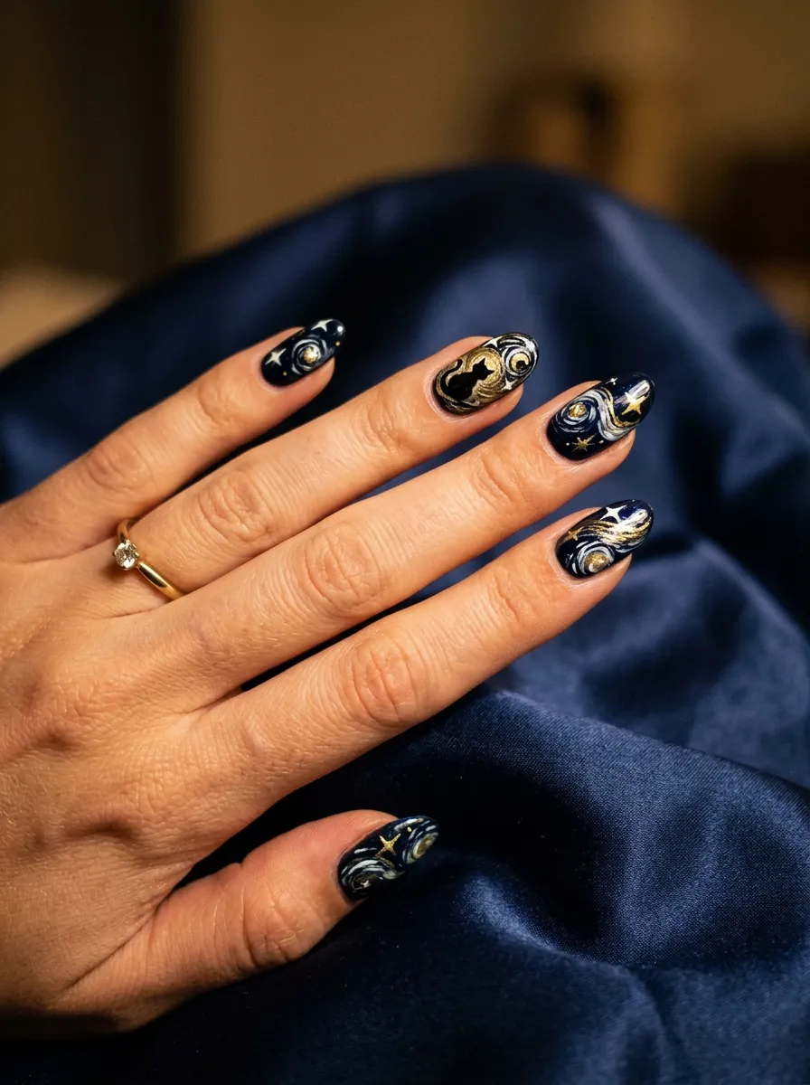 Starry Night Black Cat Nails