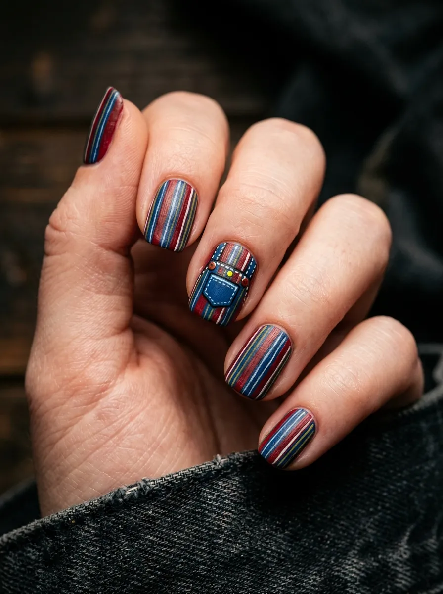 Striped Overalls Accent Nail