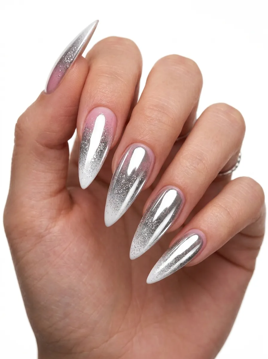 Glossy Pink and White Ombre with Mirror Glitter