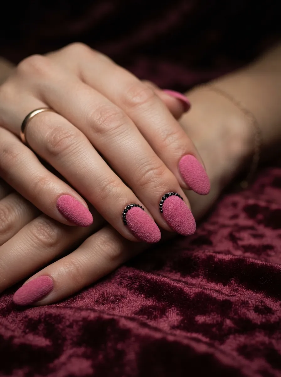 Pink Velvet Nails with Black Micro Rhinestones