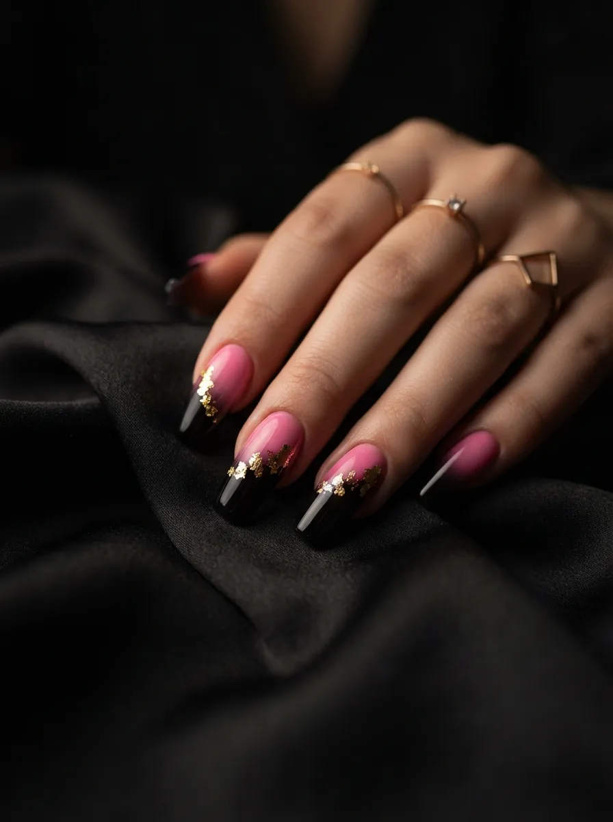 Ombre Pink to Black Nails with Gold Foil Details