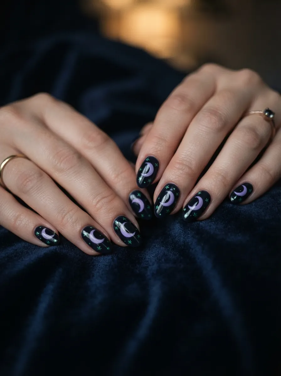 Purple Moon with Green Star Nail Art