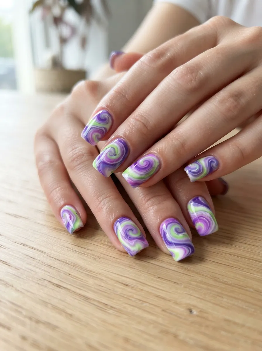 Purple and Green Tie-Dye Nails