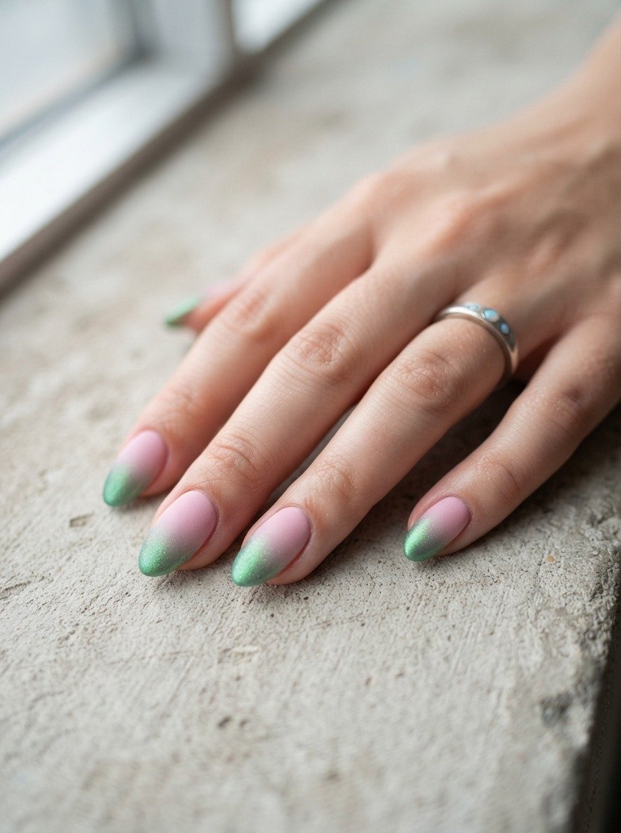 Mixed Finish Pink and Green Ombre: Matte Meets Shimmer