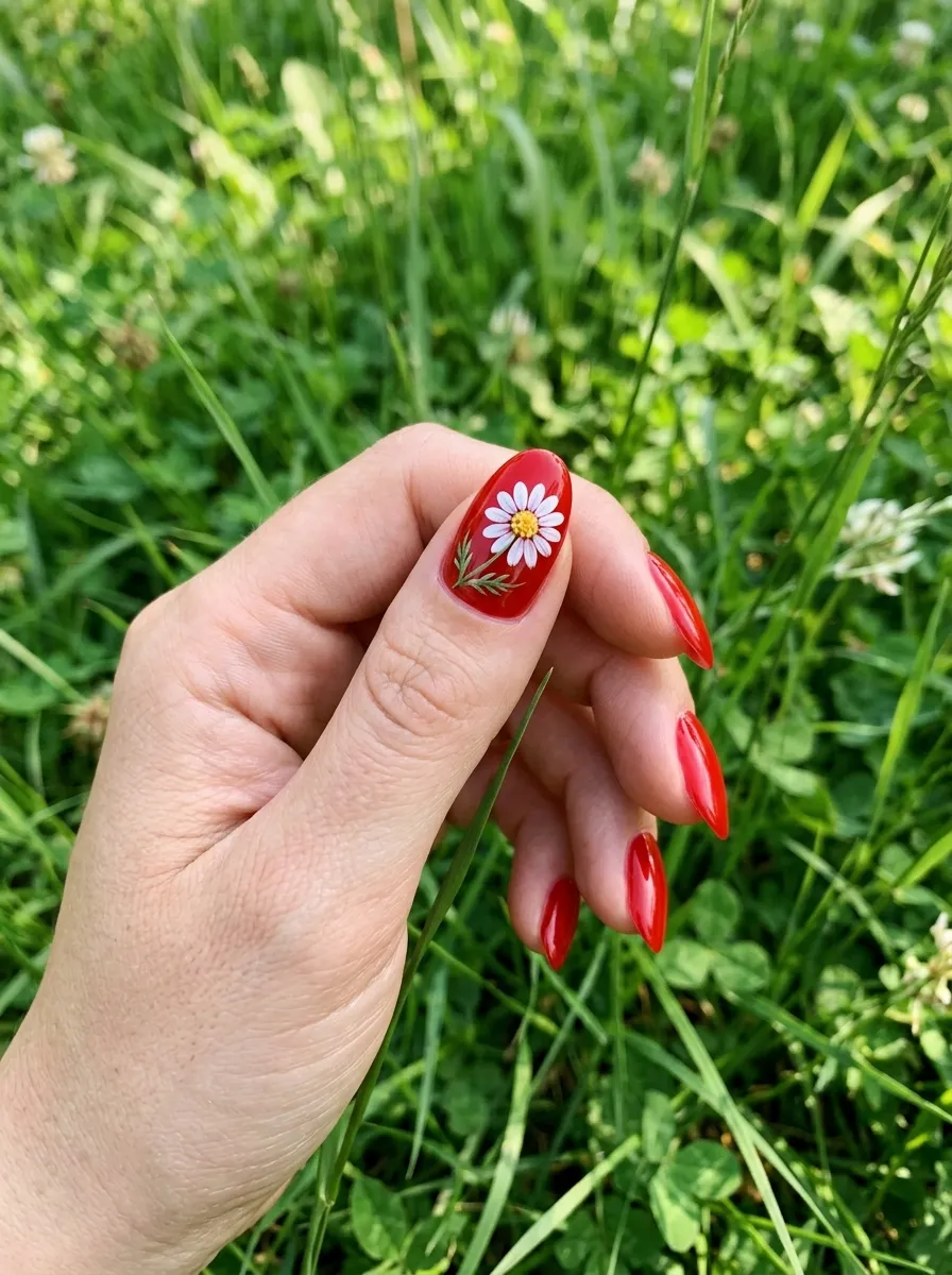 Scarlet Red with Daisies
