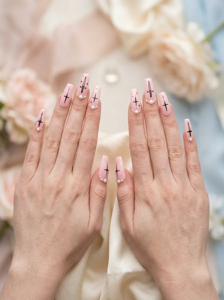Baby Pink Coffin Nails with Crosses