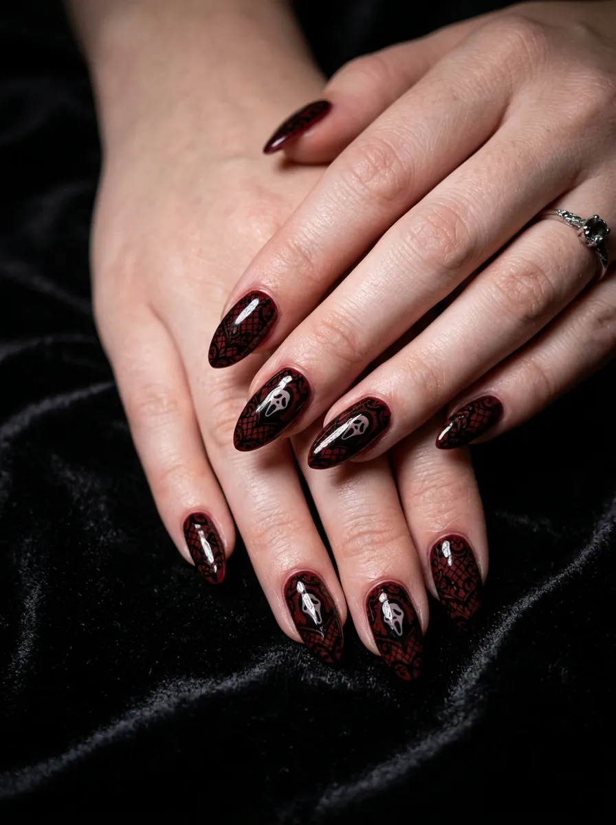 Black Lace Overlay Ghostface Nails