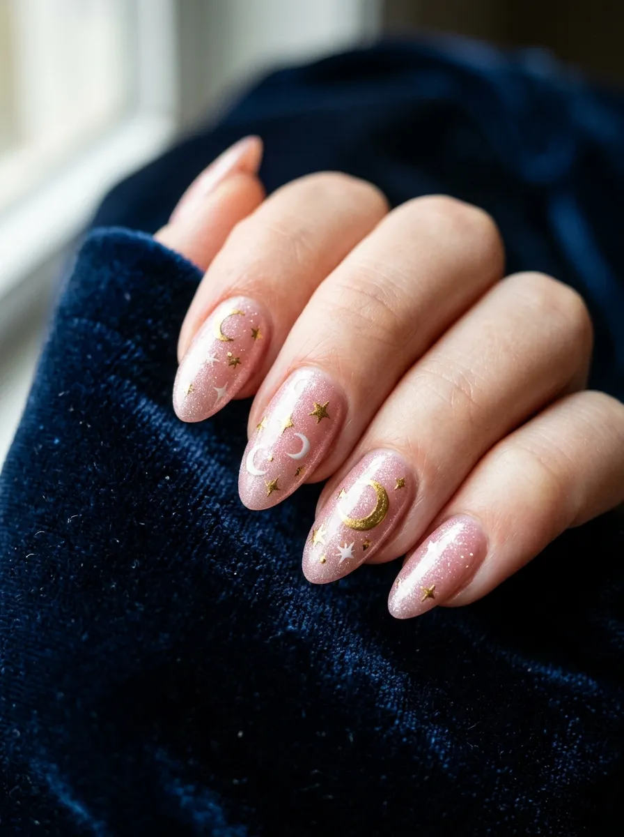 Blush Pink Moons and Stars Halloween Nails
