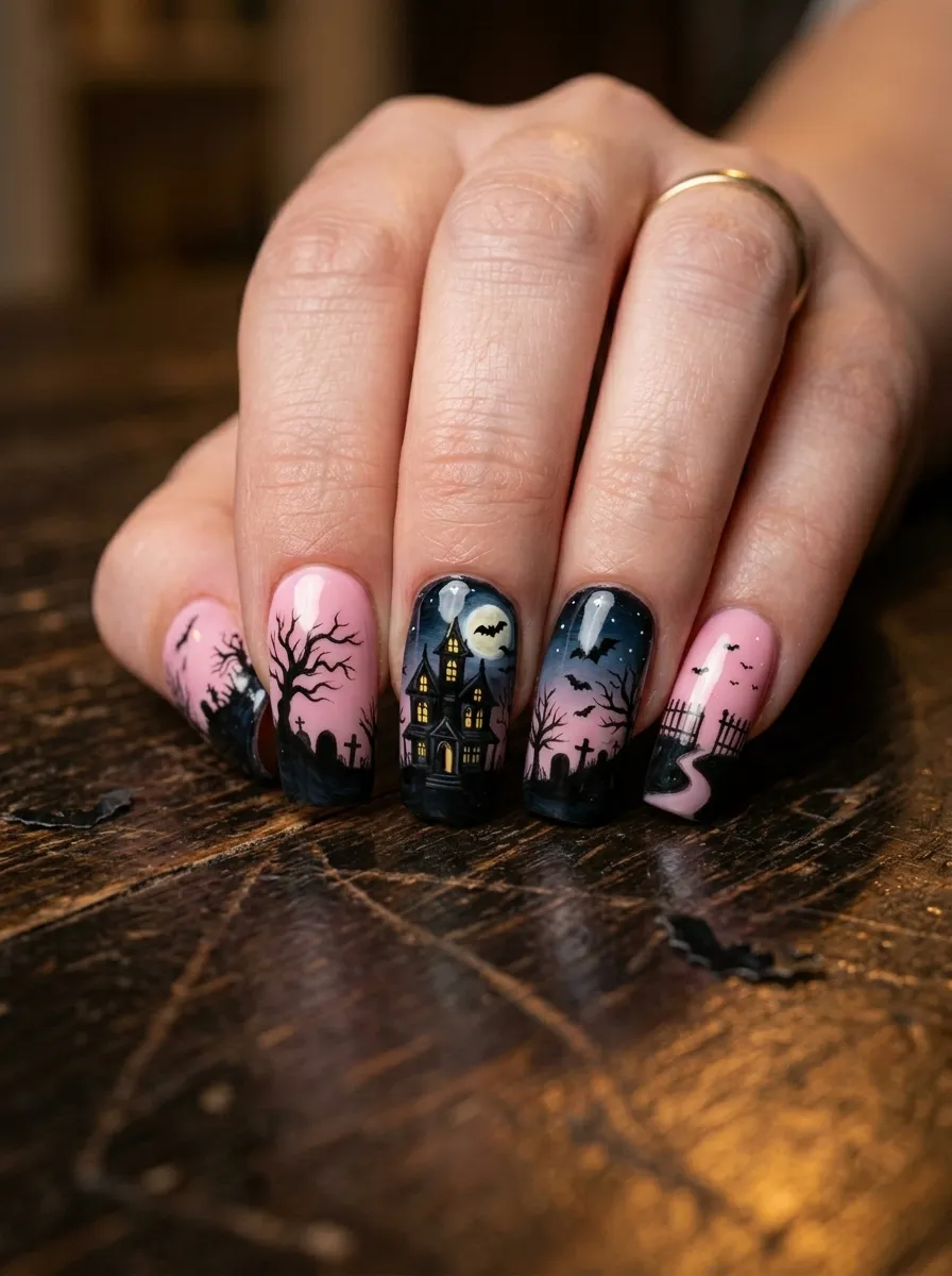 Cotton Candy Pink Nails with Full Halloween Scene